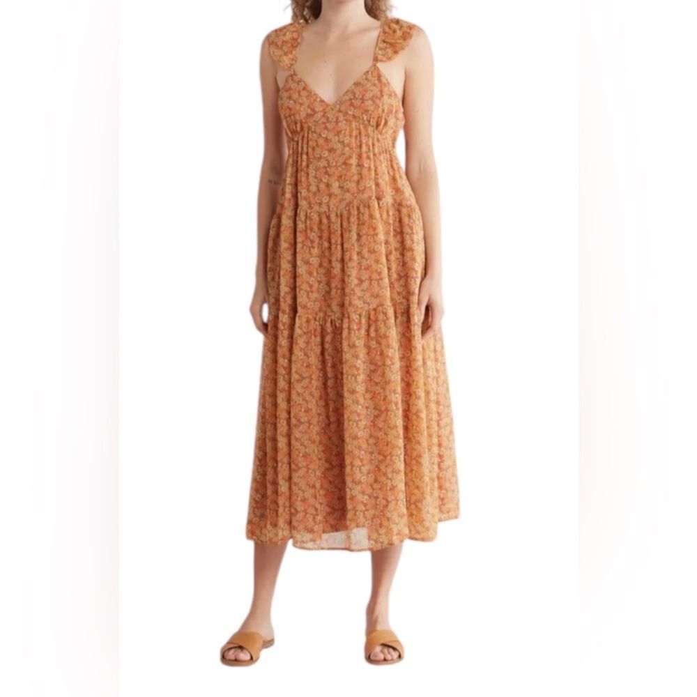 Madewell Resourced Georgette Ruffle Sleeve Tiered Midi Dress New